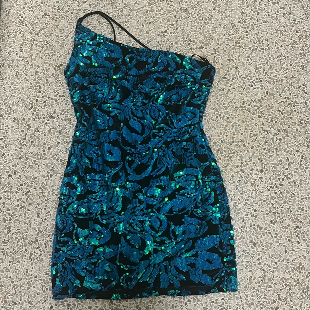 Blonde Nites Blue Sequin One Shoulder Mini Homecoming Dress